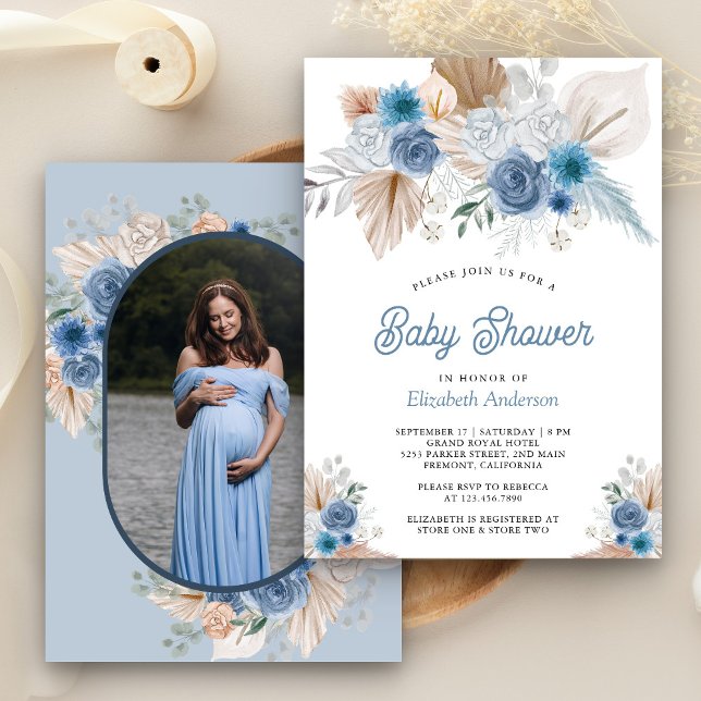 Invitación Dusty Blue Floral Boho Pampas Foto Baby Shower (Subido por el creador)