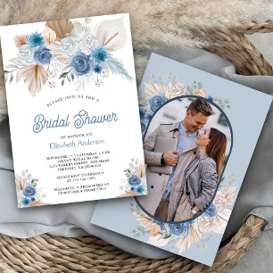 Invitación Dusty Blue Floral Boho Pampas Foto Bridal Shower