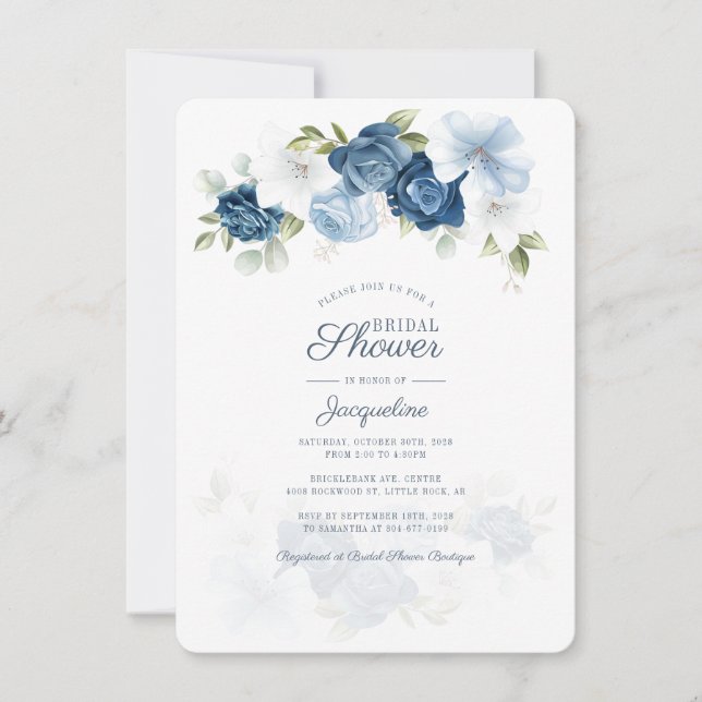 Invitación Dusty Blue Floral Botanal Bridal Shower (Anverso)