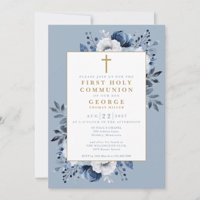 Invitación Dusty Blue Floral Botanical First Holy Communición (Anverso)