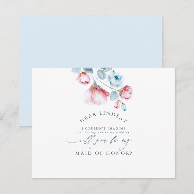 Invitación Dusty Blue Floral Bridesmaid - empleada de honor (Anverso / Reverso)