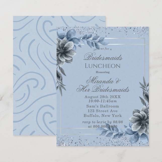 Invitación Dusty Blue Floral Bridesmaids Luncheon (Anverso / Reverso)