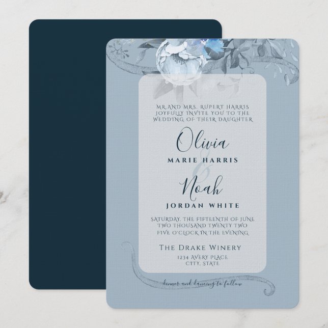 Invitación Dusty Blue Floral Calligraphy Watercolour Invitati (Anverso / Reverso)