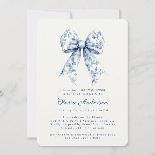 Invitación Dusty Blue Floral Chinoiserie Bow Baby Shower (Anverso)
