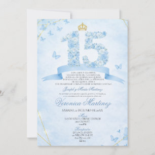 Invitación Dusty Blue Floral Corona Dorada Dulces 15 Años Esp