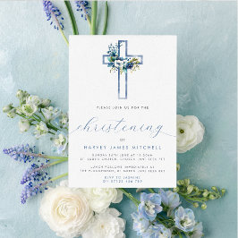 Invitación Dusty Blue Floral Cross Baby Christening