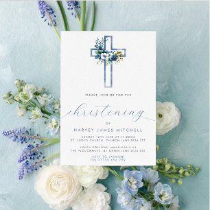 Invitación Dusty Blue Floral Cross Baby Christening