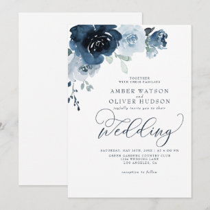 Invitación Dusty Blue Floral Dark Navy Pastel Boho Boda