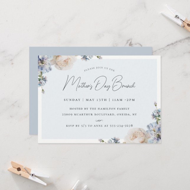 Invitación Dusty Blue Floral Día Brunch (Anverso/Reverso In Situ)