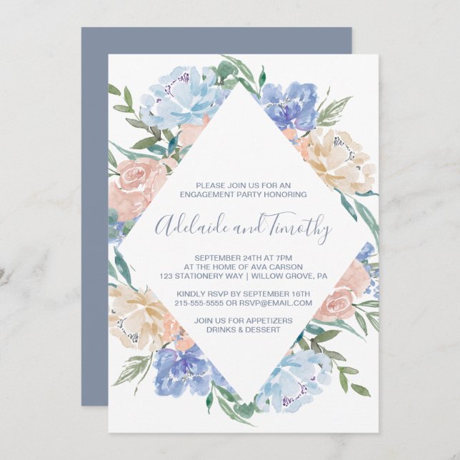Invitación Dusty Blue Floral Diamond Engagement Party (Anverso / Reverso)