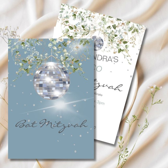Invitación Dusty Blue Floral Disco Ball Bat Mitzvah (Subido por el creador)