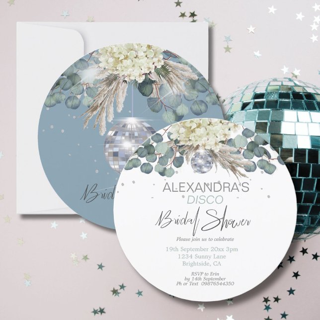 Invitación Dusty Blue Floral Disco Ball Bridal Shower Round (Subido por el creador)