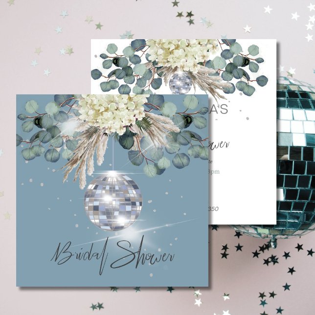 Invitación Dusty Blue Floral Disco Ball Bridal Shower Square (Subido por el creador)