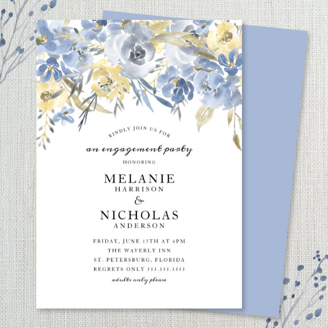 Invitación Dusty Blue Floral Drop Engagement Party (Subido por el creador)