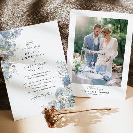 Invitación Dusty Blue Floral Elegant Photo Back Wedding