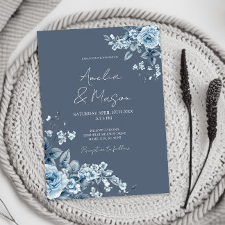 Invitación Dusty Blue Floral Elegant Script Wedding 