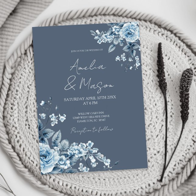 Invitación Dusty Blue Floral Elegant Script Wedding  (Dusty Blue Floral Elegant Script Wedding Invitation)