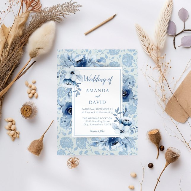 Invitación Dusty Blue Floral Elegant Wedding (Subido por el creador)