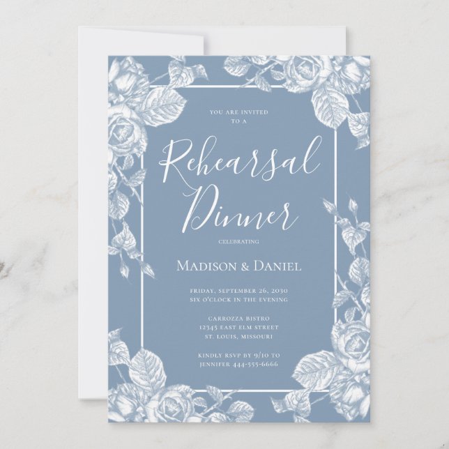 Invitación Dusty Blue Floral Ensayo Cena (Anverso)