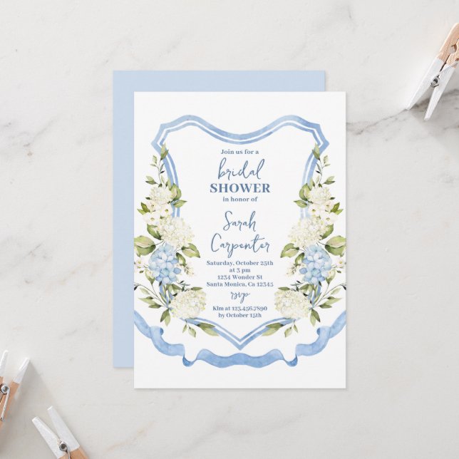 Invitación Dusty Blue Floral Escudo Bridal Shower (Anverso/Reverso In Situ)