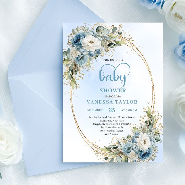 Invitación Dusty Blue Floral Eucalipto Oro Script Baby Show (Dusty Blue Floral Eucalyptus Gold Script Baby Shower

)