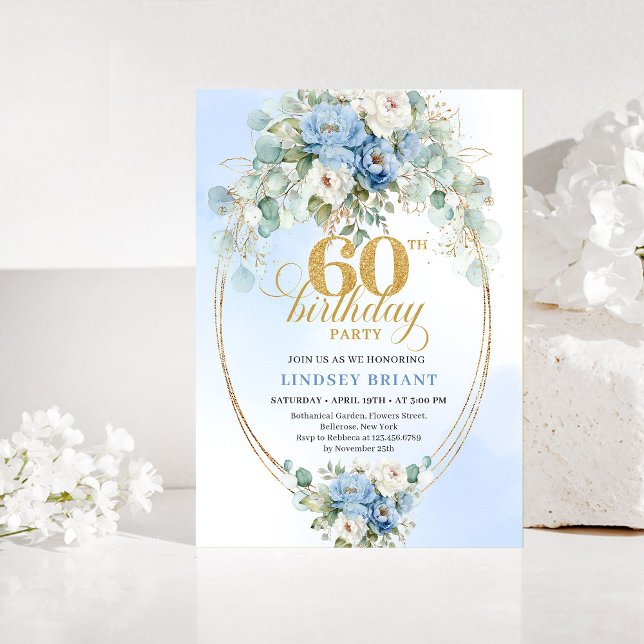Invitación Dusty Blue Floral Eucalyptus 60th Birthday Invites (Dusty Blue Floral Eucalyptus 60th Birthday Invitation)