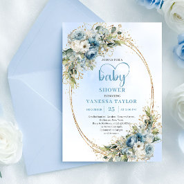 Invitación Dusty Blue Floral Eucalyptus Gold Script Baby Show