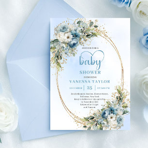 Invitación Dusty Blue Floral Eucalyptus Gold Script Baby Show