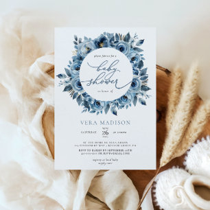 Invitación Dusty Blue Floral Frame Winter Baby Shower
