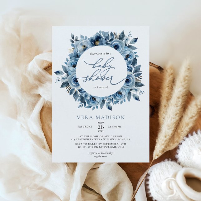 Invitación Dusty Blue Floral Frame Winter Baby Shower (Subido por el creador)
