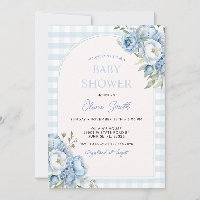 Invitación Dusty Blue Floral Gingham Baby Shower (Anverso)