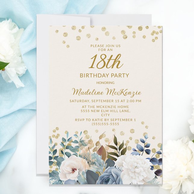 Invitación Dusty Blue Floral Gold 18 cumpleaños (Subido por el creador)