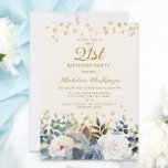 Invitación Dusty Blue Floral Gold 21 cumpleaños<br><div class="desc">Elegante rosa azul y blanco polvoriento, floral y verde invitación a la fiesta de cumpleaños número 21 de las mujeres con purpurina de oro. Esta invitación está impresa en ambos lados. Comuníquese conmigo para obtener ayuda con sus personalizaciones o para solicitar productos adicionales de correspondencias o coordinación de Zazzle para...</div>