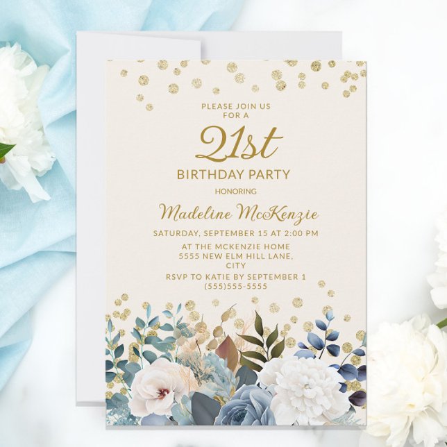 Invitación Dusty Blue Floral Gold 21 cumpleaños (Subido por el creador)