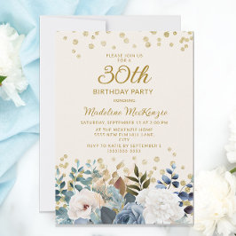 Invitación Dusty Blue Floral Gold 30 cumpleaños