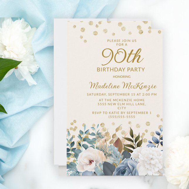Invitación Dusty Blue Floral Gold 90 cumpleaños (Subido por el creador)