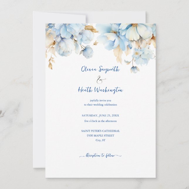 Invitación Dusty Blue Floral Gold Boda 2 (Anverso)