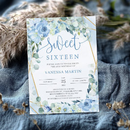 Invitación Dusty Blue Floral Gold Geométrico Sweet Dieciséis