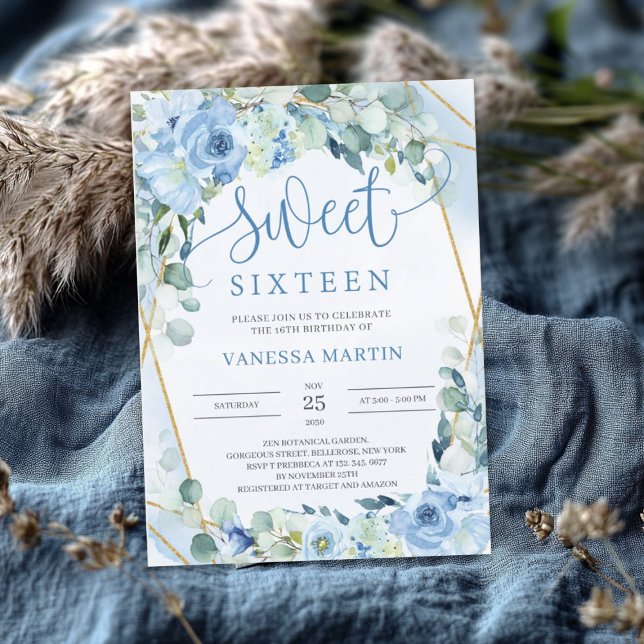 Invitación Dusty Blue Floral Gold Geométrico Sweet Dieciséis (Dusty Blue Floral Gold Geometric Sweet Sixteen Invitation)