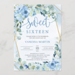 Invitación Dusty Blue Floral Gold Geométrico Sweet Dieciséis<br><div class="desc">Dusty Blue Floral Gold Geometric Sweet Dieciséis invitaciones,  Contáctenme para obtener artículos coincidentes o para personalización,  Rosas de Rubor ©</div>