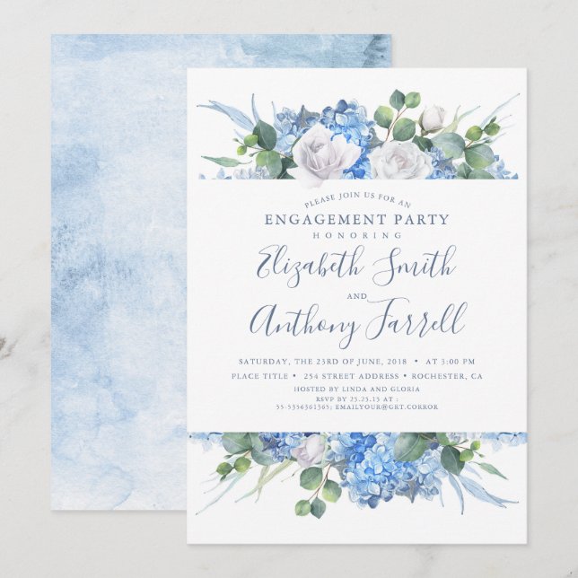 Invitación Dusty Blue Floral Green Engagement Party (Anverso / Reverso)