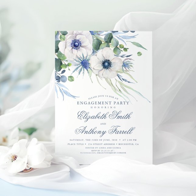 Invitación Dusty Blue Floral Green Engagement Party (Dusty Blue Greenery Engagement Party Invitations)