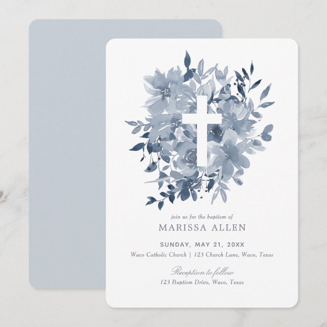 Invitación Dusty Blue Floral Greeneration Baptismo Neutral (Anverso / Reverso)
