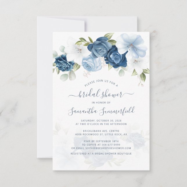 Invitación Dusty Blue Floral Greeneration Botanical Bridal Sh (Anverso)