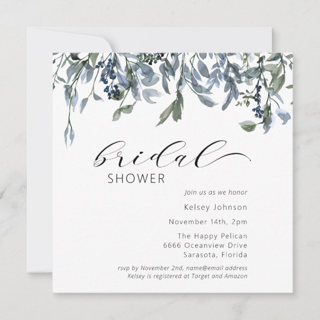 Invitación Dusty Blue Floral Greeneration Bridal Shower (Anverso)