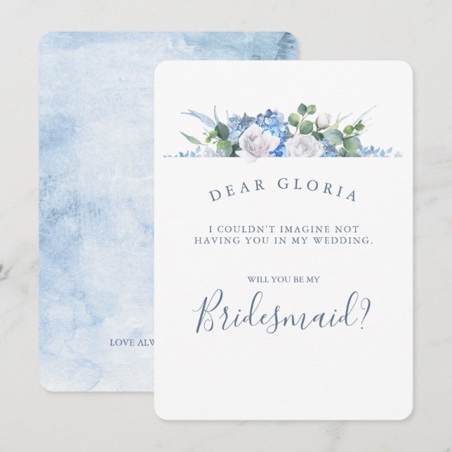 Invitación Dusty Blue Floral Greeneration Bridesmaid Propuest (Anverso / Reverso)