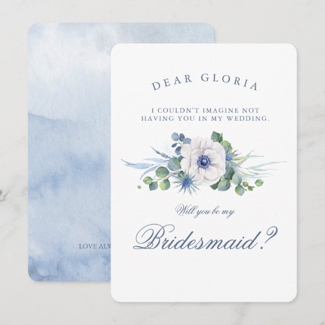 Invitación Dusty Blue Floral Greeneration Bridesmaid Propuest (Anverso / Reverso)