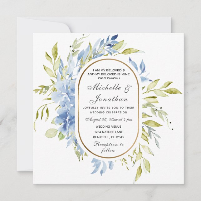 Invitación Dusty Blue Floral Greeneration Christian Boda (Anverso)