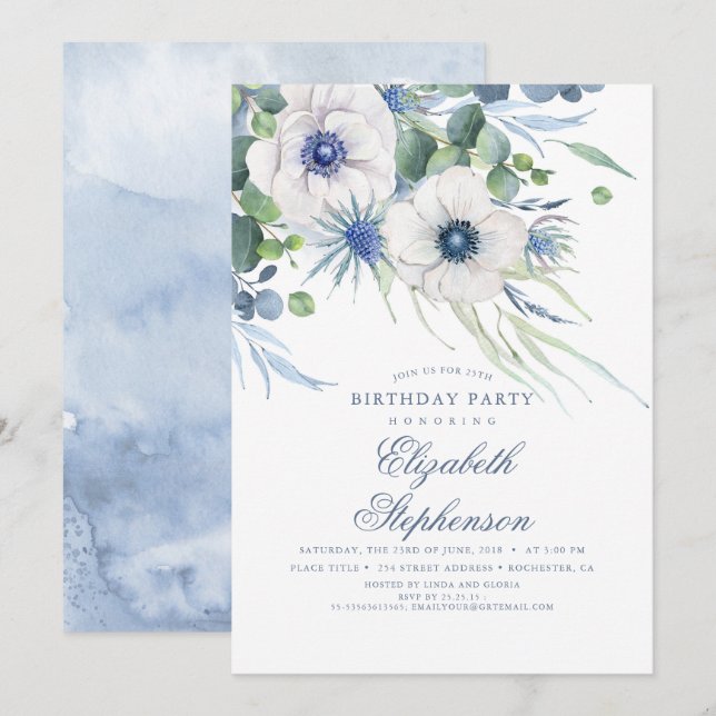 Invitación Dusty Blue Floral Greeneration Elegante Cumpleaños (Anverso / Reverso)