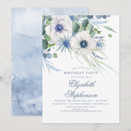 Invitación Dusty Blue Floral Greeneration Elegante Cumpleaños